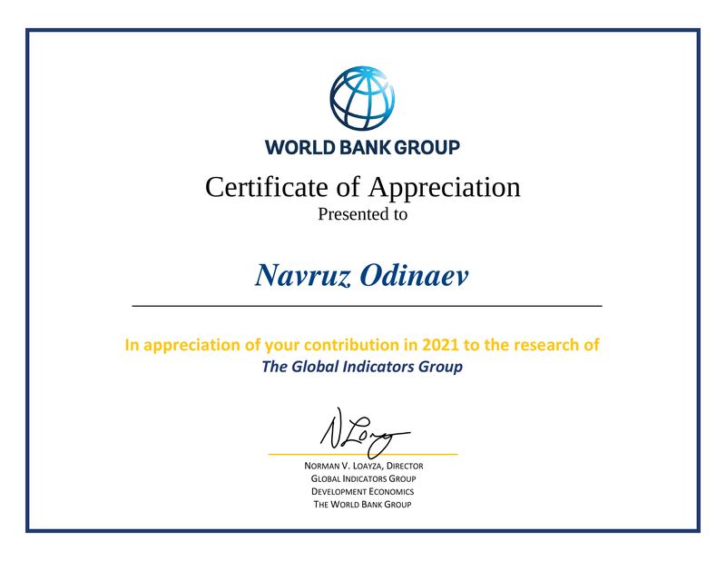 世界银行颁发的Certificate of Appreciation，2021年（Navruz Odinaev）